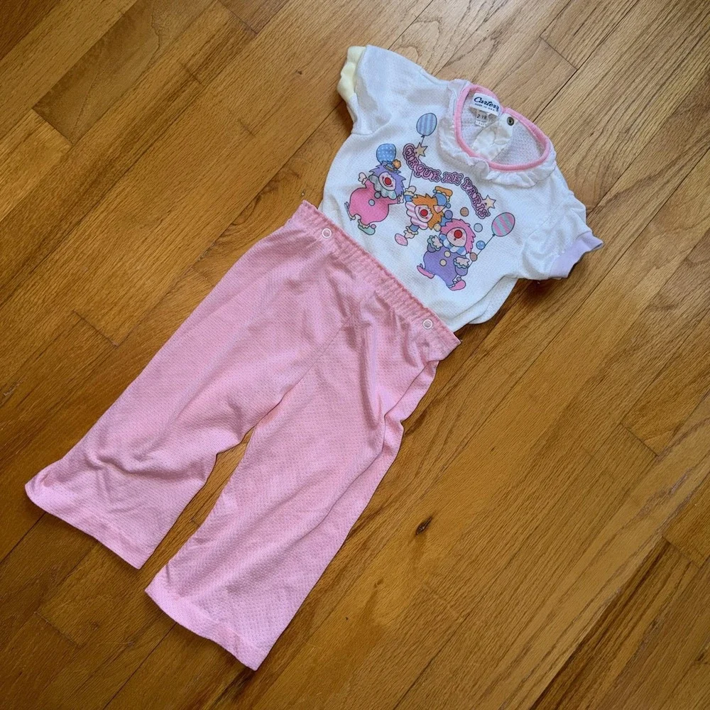 Vintage Carter's‎ Pajama Set 2T Pink Circus Clown Ruffle Knit USA Snap Waist